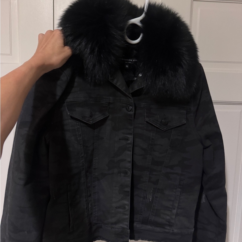 Generation Love Black Faux Fur-Collar Jean Jacket